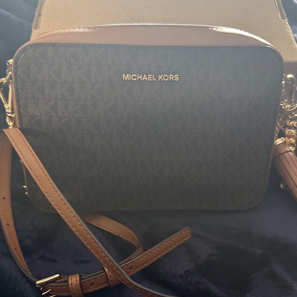 Michael Kors Dark Brown and Tan Crossbody Signature Camera Bag